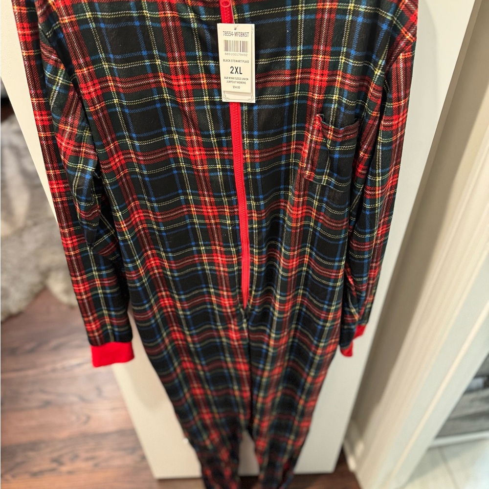 NWT Ashford & Brooks Mink Fleece Onesie | Black and Red Stewart Plaid | 2X